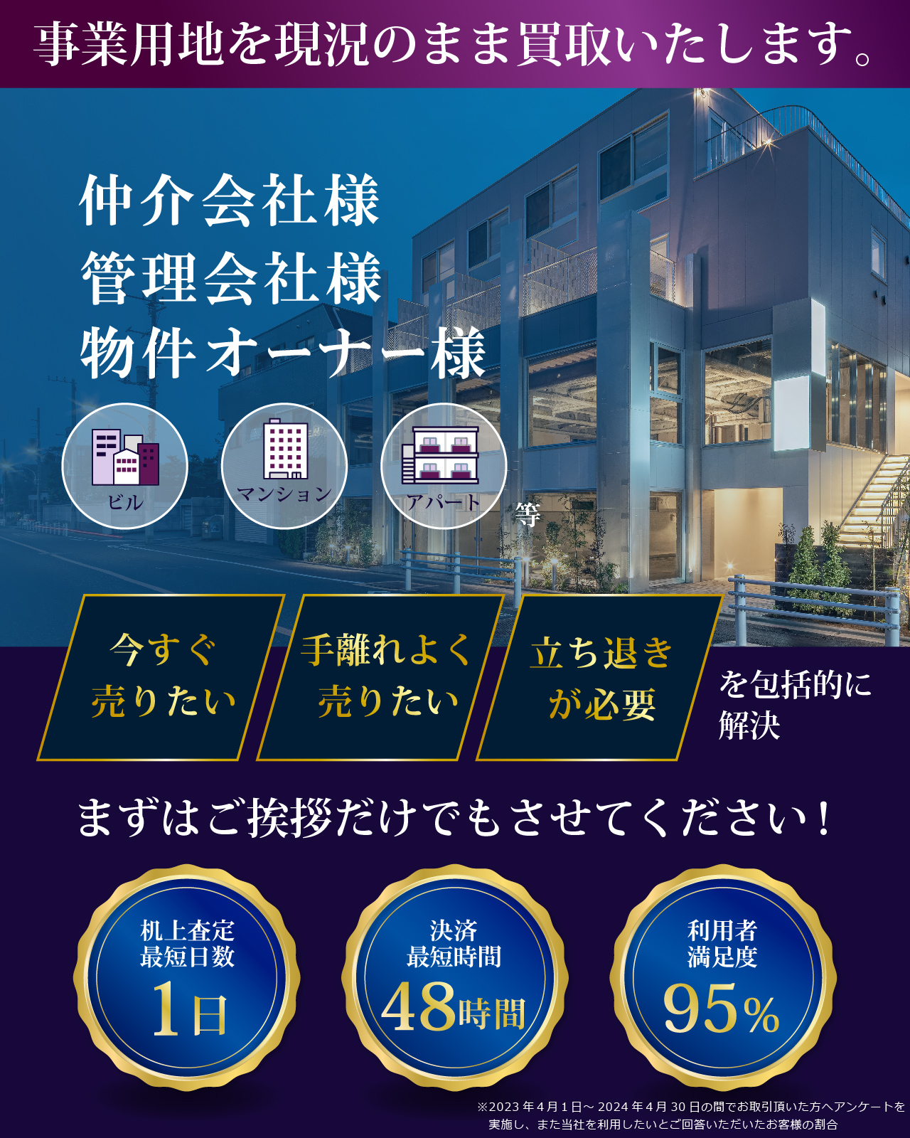 仲介会社様 管理会社様 物件オーナー様 「ビル」「マンション」「アパート」等の事業用地を現況のまま買取いたします。