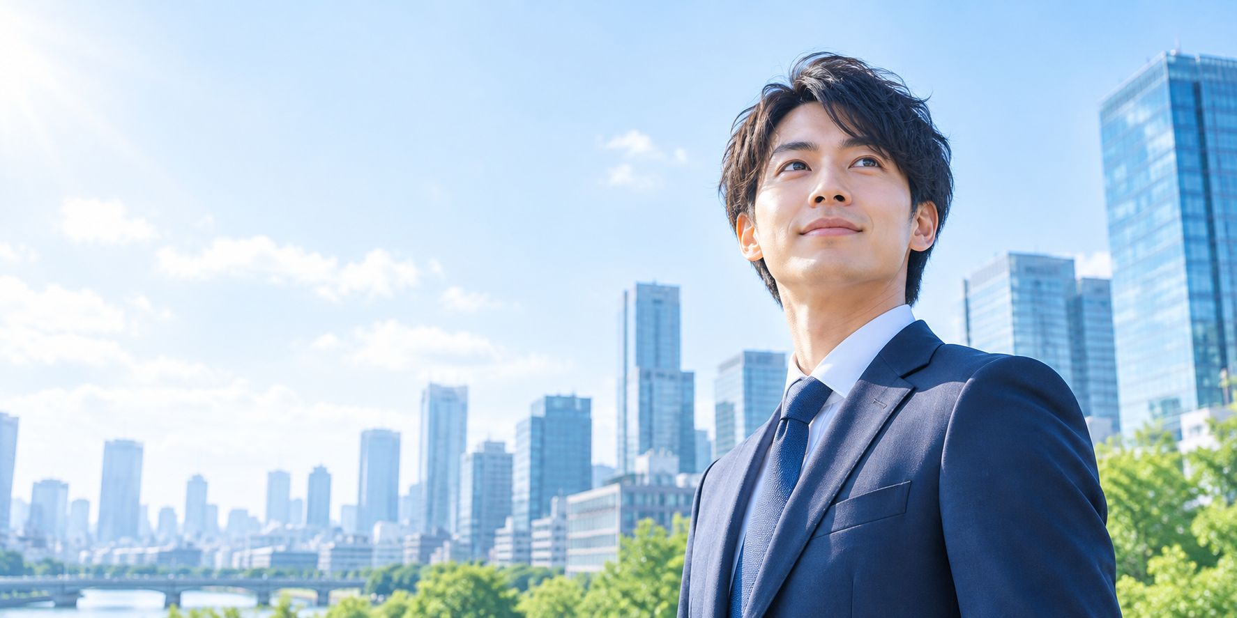 都市を背景に前向きな表情を見せるビジネスパーソン